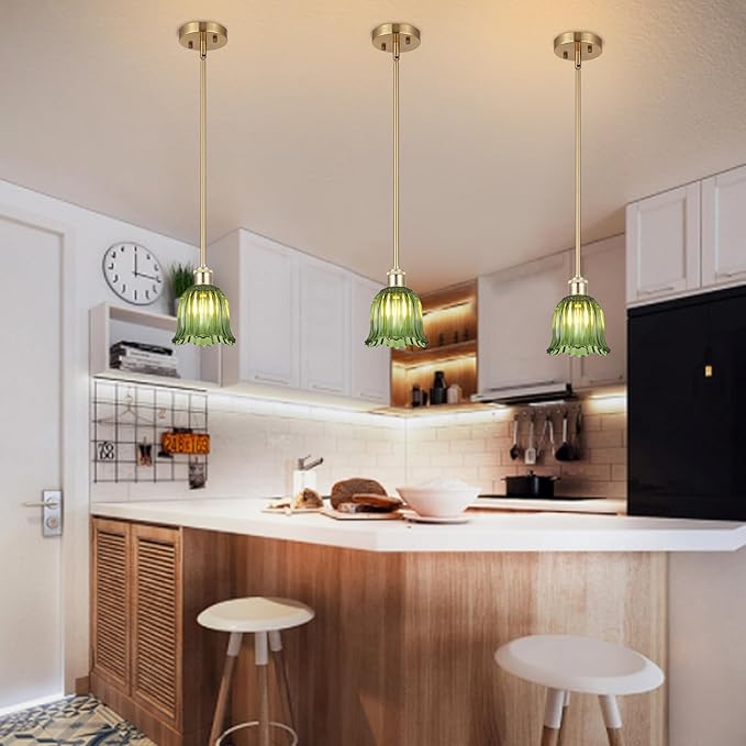 Modern Gold Pendant Light Brushed Brass Mid Century Chandelier Green Glass Shades Adjustable Rods Farmhouse Ceiling Hanging Lighting Fixture Kitchen Island Dining Room Bedroom