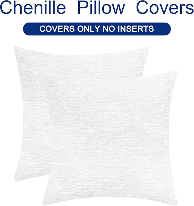 CaliTime Throw Pillow Covers Decorative 20 X 20 Inches Pack of 2 Cozy Chenille Cushion Cases for Couch Sofa Bed Living Room Home True White