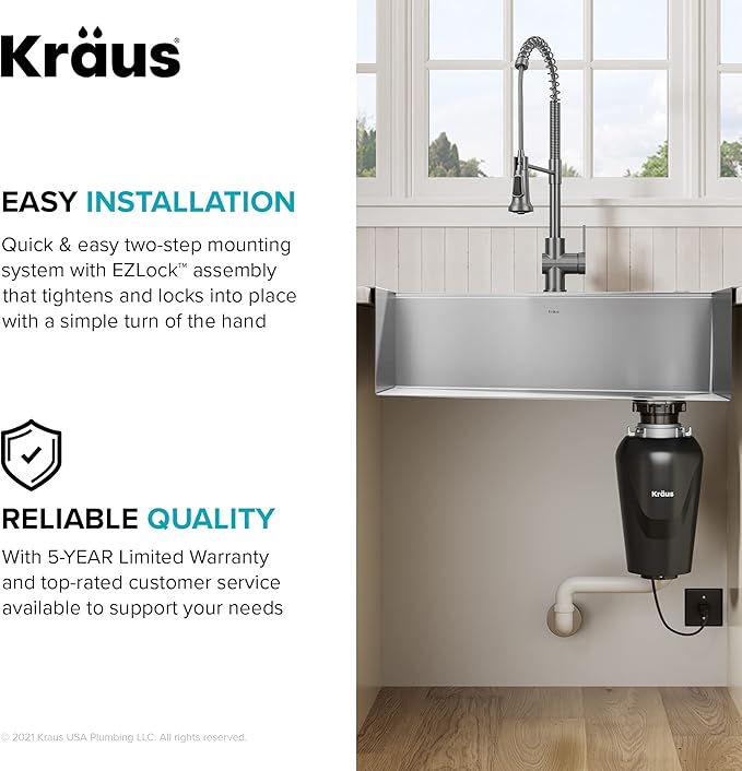 KRAUS WasteGuard 3/4 HP Ultra-Quiet Garbage Disposal with Quick Connect, Kitchen Sink Drain Cover, Power Cord and Flange Included, KWD100-75MBL