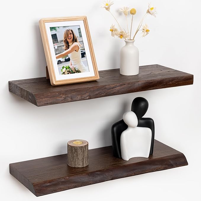 RICHFOCUS Live Edge Elm Floating Shelves - 24" W x 9.3" D Rustic Solid Wood Wall Shelves with Invisible Bracket, Wall-Mounted for Living Room, Bedroom, Kitchen Storage & Display, Set of 2, Walnut