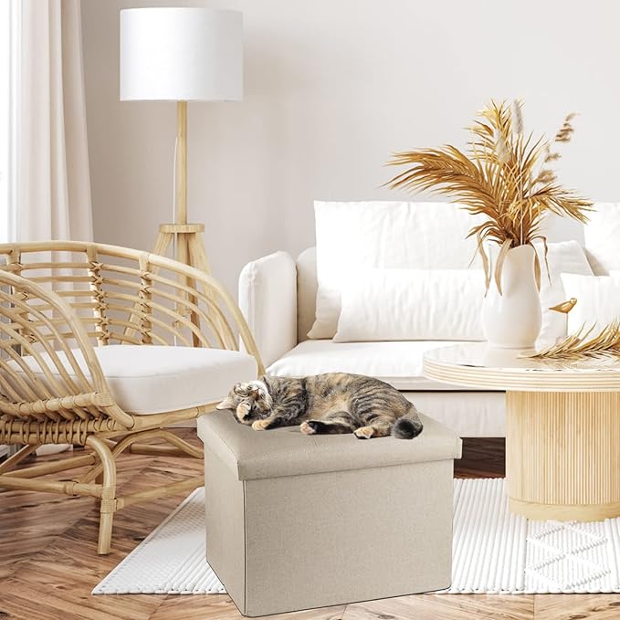 ALASDO Storage Ottoman Footrest Stool Small Ottoman with Storage Foldable Ottoman Foot Rest Footstool Bench for Living Room 17x13x13inches Beige