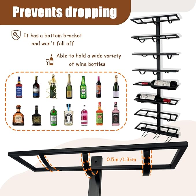 20 Bottle Wall Mount Wine Rack with Wine Glass Holder, Metal Wine Wall Rack, Wall Racks for Wine Bottles Display and Storage, Hanging Bottle Organizer for Living Dining Room Wine Cellar Bar (Black)