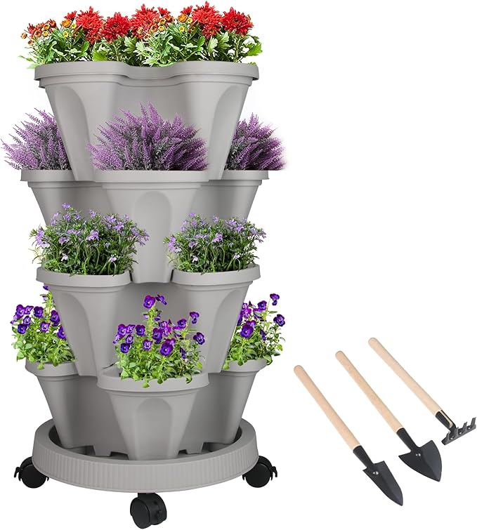 Vertical Planter 4 Tier Stackable Planters Garden Planters Strawberry Herb Flower and Vegetable Planter Indoor Outdoor Gardening Pots with Removable Wheels and Tools
