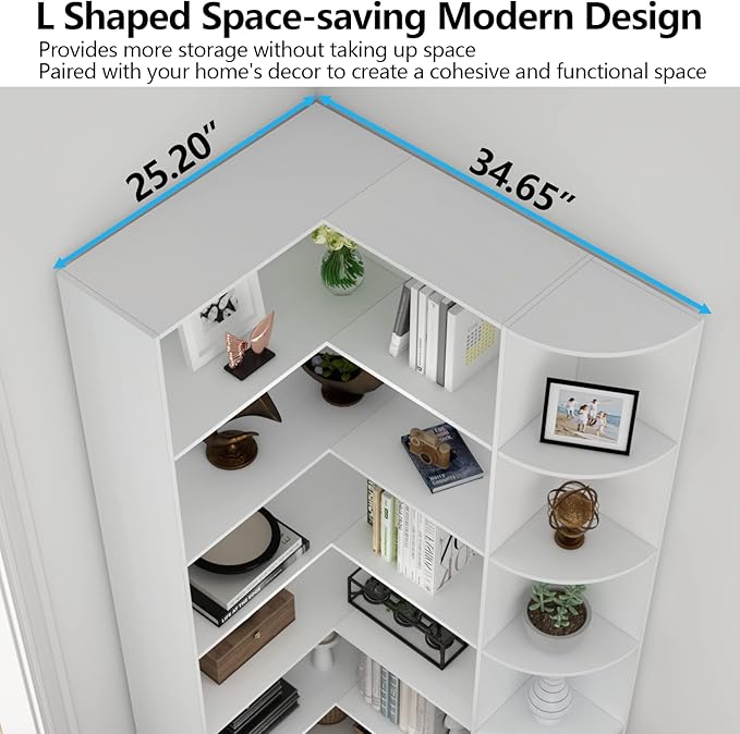 Loomie White Book Shelf, 6 Tiers Shelf Large Tall Corner Etagere Bookcase with Full Baffle, L-Shaped Modern Storage Display Industrial Bookshelves for Bedroom, Home Office, Living Room & Kitchen