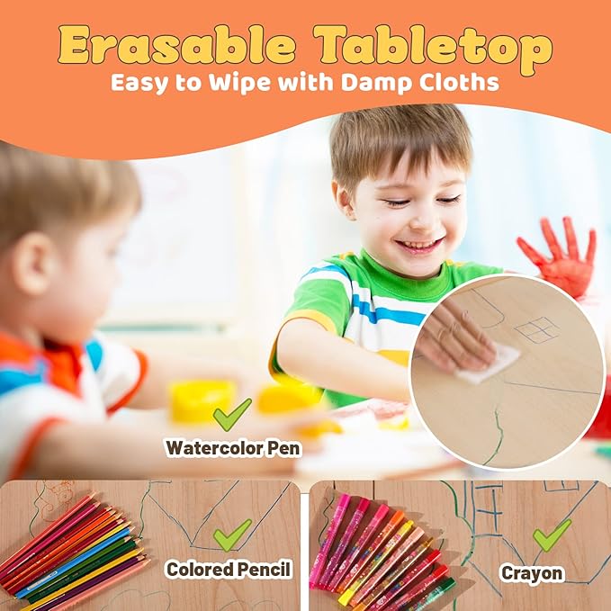 FUNLIO Kids Table and 4 Chairs Set for Ages 3-8, Height Adjustable Toddler Table and Chair Set, Easy to Wipe Arts & Crafts Table, for Classrooms/Daycares/Homes, CPC & CE Approved (5 pcs Set) - Natural