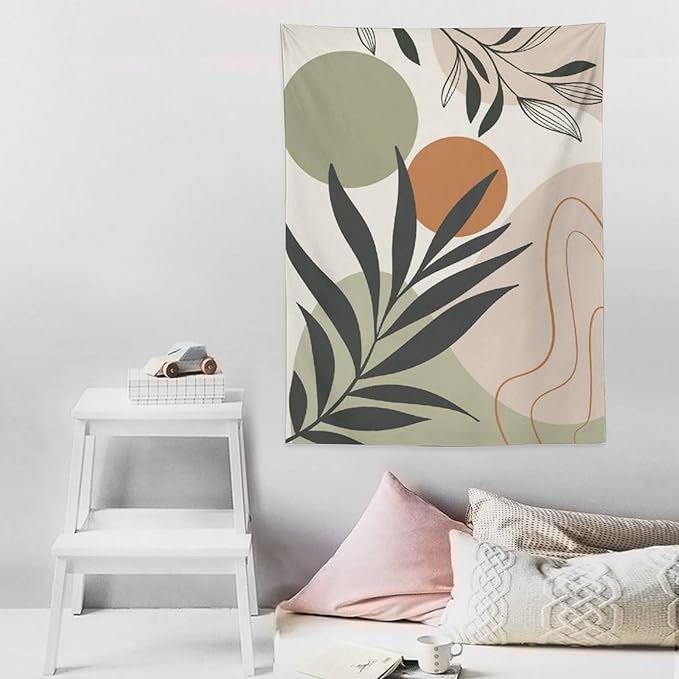 Abstract Bohemian Mid Century Tapestry, Tropical Leaves Modern Geometric Archway Minimalist Bohemian Botanical Aesthetic Wall Hanging, Sage Green Gold Home Decor Art for Bedroom 60x80 Inch