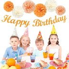 Orange Hippie Birthday Party-Decorations Paper-Flowers - 14pcs Happy Banner Fall Honeycomb Tissue Pom Poms,Boho Streamers Garland Fans,Sweet Peach Groovy Sunset Groovy Hanging Supplies Decor Hugfond