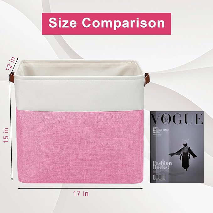 Large Fabric Storage Baskets | 50L Storage Bins, Decorative Linen Closet Baskets with Handles for Organizing, Shelf, Toys, Clothes, Home, Office, Nursery, 17x12x15Inches (Pink&White)