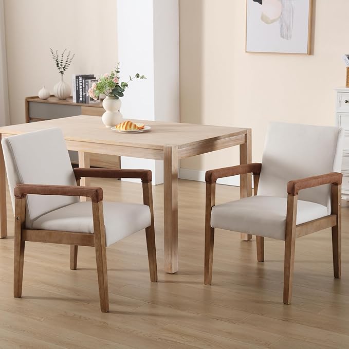 Kmax Modern Dining Chairs Set of 2 Linen Fabric Kitchen Arm Chairs Upholstered Accent Chairs with Wooden Legs for Dining Room, Living Room, Bedroom, White