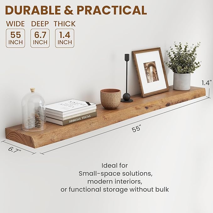 55" Floating Shelves, Live Edge Elm Wood Floating Shelf for Wall, Wall-Mounted Display Shelves with Invisible Heavy-Duty Bracket, Long Floating Shelf for Bathroom, Kitchen, Living Room, Natural Color