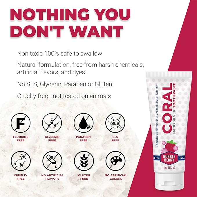 Coral Nano Silver Bubble Berry Kids Toothpaste, Natural Fluoride Free Teeth Whitening Toothpaste, Coral Calcium Nano Silver Infused SLS Free - 4 Ounces (2 Pack)