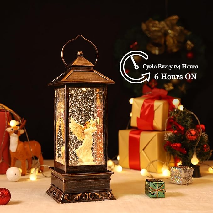Christmas Decorations Snow Globe Lantern,Christmas Lantern with 8 Christmas Theme Music,Christmas Snow Globe Gifts Water Glittering Swirling Christmas Home Decoration（Dove Angel）