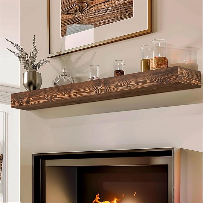 56x8x3 Fireplace Mantel - Handcrafted Hollow Rustic Solid Wood Wall Mounted Floating Shelf with Invisible Heavy Duty Wood Bracket (Weathered Brown)