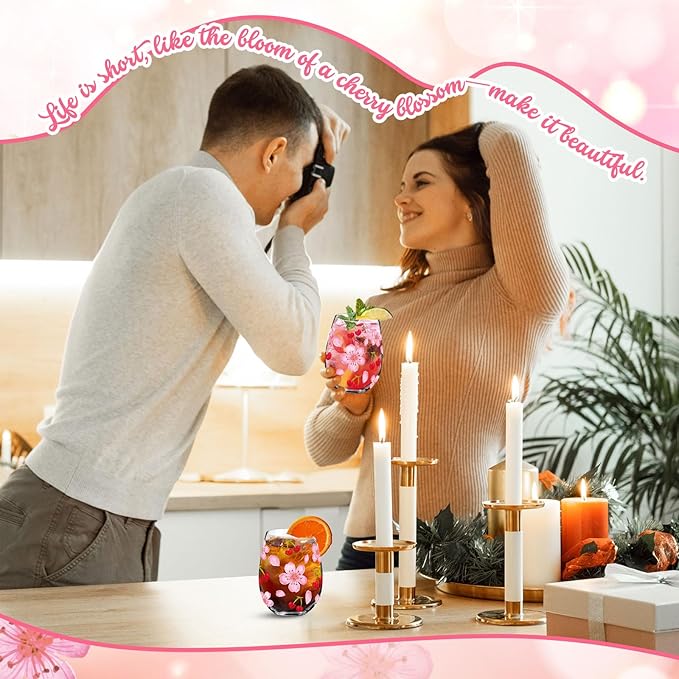 Sliner 2 Pack 17oz Cherry and Flower Stemless Wine Glasses Cherry Blossom Drinking Glasses Floral Tumbler Cups for Women Birthday Anniversary Gift Parties Supplies