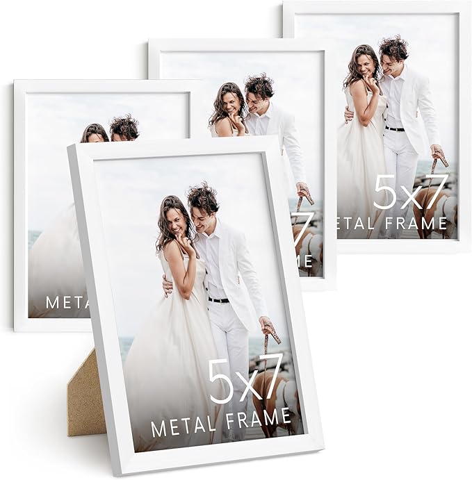 HAUS AND HUES 5x7 White Metal Picture Frames - Photo Frames 5X7 - Features Premium Aluminum, Vertical Hanging, Easel Back for Tabletop, Home, Office (5x7 in, White, Set of 4)