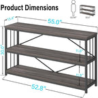 LVB Industrial Console Table, Metal and Wood Sofa Table, Rustic Entryway Table with Storage, Modern 3 Tier Shelf Long Foyer Tables Behind Couch for Home Living Room Hallway, Dark Gray Oak, 55 Inch