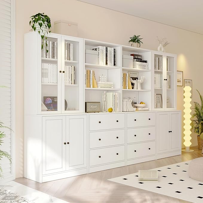 TUSY 71" Bookshelf Bookcase, 3-Tier Modern Bookshelves 3 Large Drawer, Wood Filing Cabinet with Open Storage Shelf, Glass Doors 5-Tier Fixed Storage Shelves for Home Office