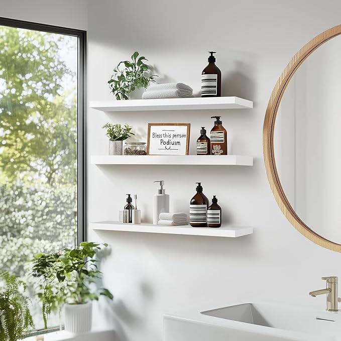 3-Pack Floating Wall Shelves, 24-Inch Rustic White Wooden Shelves for Storage and Décor, Easy Installation for Living Room, Bedroom, and Kitchen
