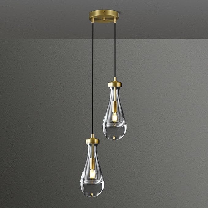 Brass Raindrop Pendant Lights Kitchen Island 2-Light, Cluster Gold Pendant Light Fixture for Bedroom, Dimmable Dining Room Light Fixture Hanging Pendant Lighting Ceiling Chandelier for Foyer