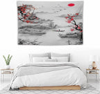 Cherry Blossoms Tapestry, Japanese Red Landscape Watercolor Abstract Art, Asian Japanese Wall Tapestry, Nature Landscape Tapestries for Bedroom Living Room Decor 90"x60"