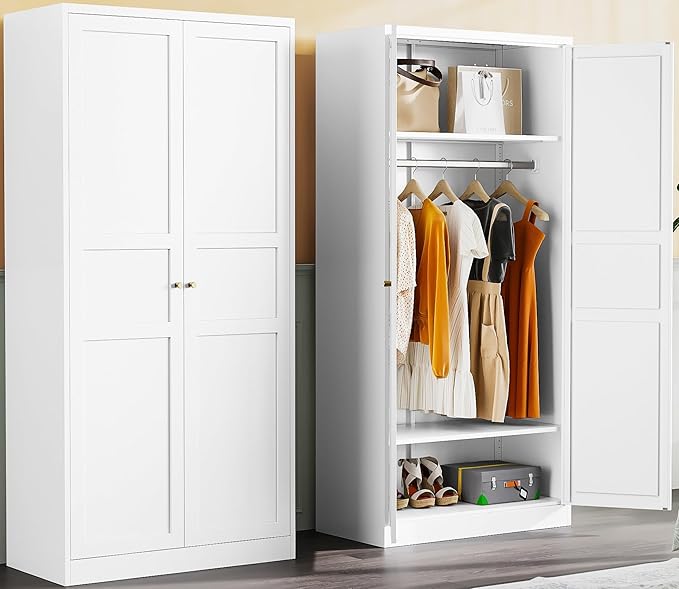 Metal Wardrobe Cabinet with Hanging Rod,White Armoire Wardrobe Closet,Metal Clothing Storage Cabinet with Adjustable Shelves and Doors,72" Wardrobes Storage Cabinet for Home,Living/Laundry Room