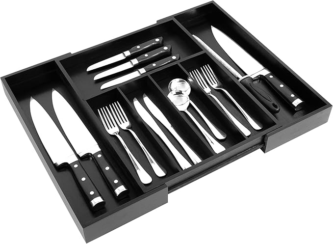 VaeFae Premium Bamboo Drawer Organizer, Expandable Silverware Drawer Organizer, Cutlery Tray with Dividers for Kitchen Utensils (Black, Large)