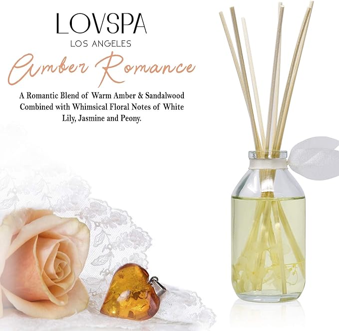 LOVSPA Reed Diffuser Set, Amber Romance Scented Oil Diffuser with Sticks, Home Fragrance Accessories for Bathroom Shelf Decor, Aroma Diffusers for Home or Office Fall Decor, USA Made