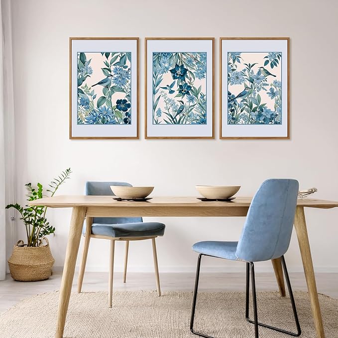 Aurlan Vintage Blue Birds and Botanical Framed Wall Art(16"x24"), 3PCS Classic Chinoiserie Audubon Bird Canvas Artwork, Large Abstract Watercolor Flowers Floral Home Decor for Bedroom Living Room