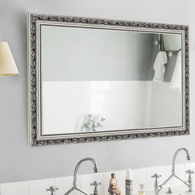 Bathroom Wall Mirror, Decorate Bathroom Mirrors for Wall, Rectangle Modern Bathroom Wall Mounted Mirror Vertical or Horizontal Hanging for Living Room (Silver Frame 32''x24'')