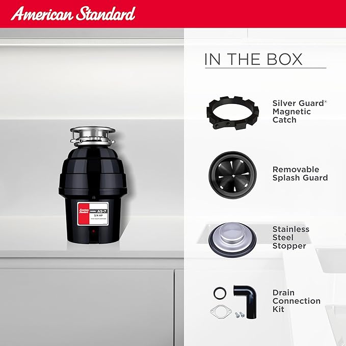 American Standard 10-US-AS-7 Garbage Disposal Anti-Jam Stainless Steel Food Waste Grinding System, Heavy Duty, 3/4 HP, Black