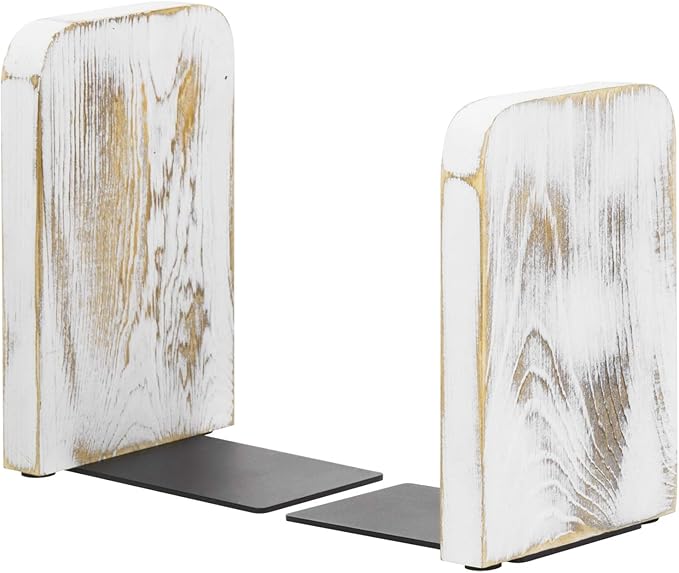 MyGift Whitewashed Wood Desktop Bookends, Decorative Bookshelf Display Organizers Office Book Shelf Decor, 1 Pair