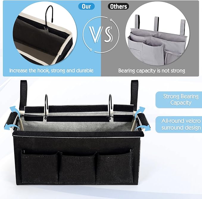 Bedside Storage Caddy/Bedside Hanging Storage Bag for Headboards Bunk Beds Dorm Rooms Book Phone Magazine Holder (New Black)