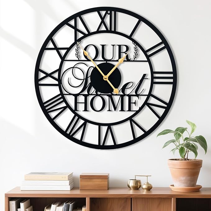 LBC.JzJu24inches/60cm Large Wall Clocks Battery Powered No Ticking Silent Round Black Modern Unique Metal Wall Clocks Suitable Living Room Kitchen Bedroom Fireplace Office Farmhouse。