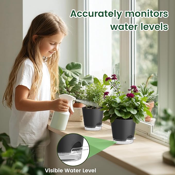 6 inch Self Watering Pots for Indoor Outdoor Plants, 6 Pack Flower Plant Pots with Drainage Holes and Clear Reservoirs, Visible Water Level, Plastic Planters with Wicking Rope, Black