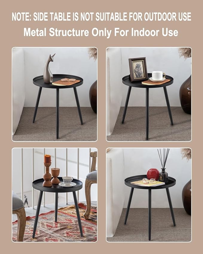AOJEZOR Side Table: End Table for Indoor Use - Small Side Tables for Small Spaces All Matte Black with 3 Legged