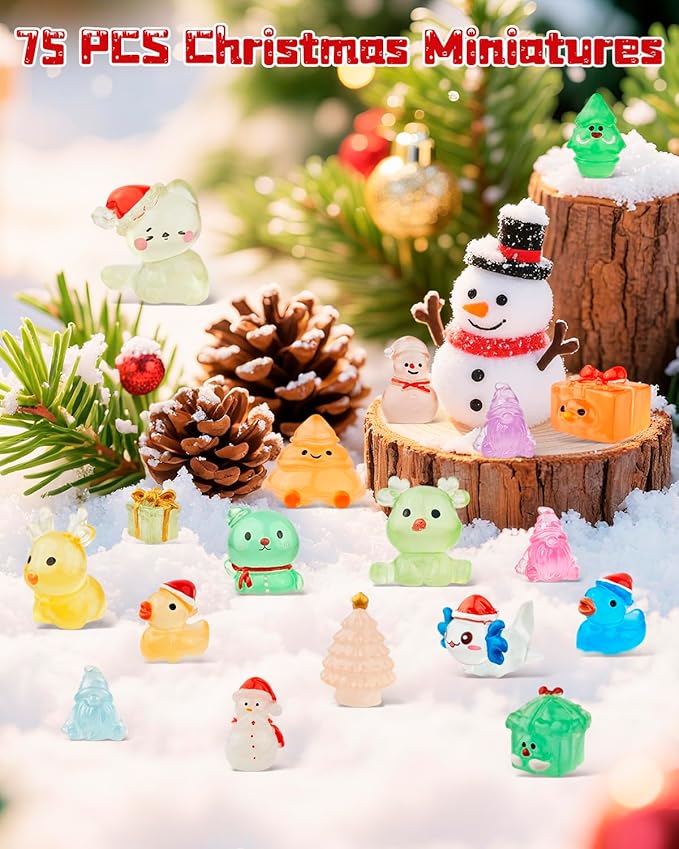 75 Pcs Miniature Christmas Figurines - Luminous Mini Resin Figures to Hide, Glow in The Dark Resin Animals for Micro Landscape Aquarium Fairy Garden Dollhouse Decor