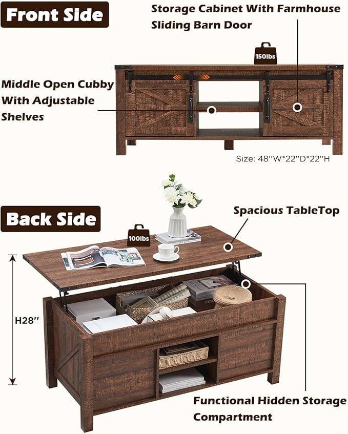OKD 48" Farmhouse Lift Top Coffee Table with Sliding Barn Door,Rustic Center Table with Hidden Storage Compartment,Lifting Tabletop and Adjustable Shelf for Living Room,Office,Reclaimed Barnwood