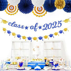 Navy-Blue Gold-White Party-Decoration Graduation Banner - 14pcs Kits Cap Garland Streamers, Royal Paper Tissue Pom Poms Flowers Fans Honeycomb,Class Of 2025 College High School Grad Decor Hugfond