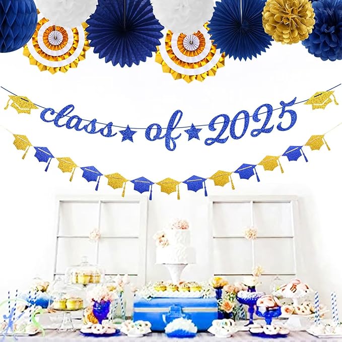 Navy-Blue Gold-White Party-Decoration Graduation Banner - 14pcs Kits Cap Garland Streamers, Royal Paper Tissue Pom Poms Flowers Fans Honeycomb,Class Of 2025 College High School Grad Decor Hugfond