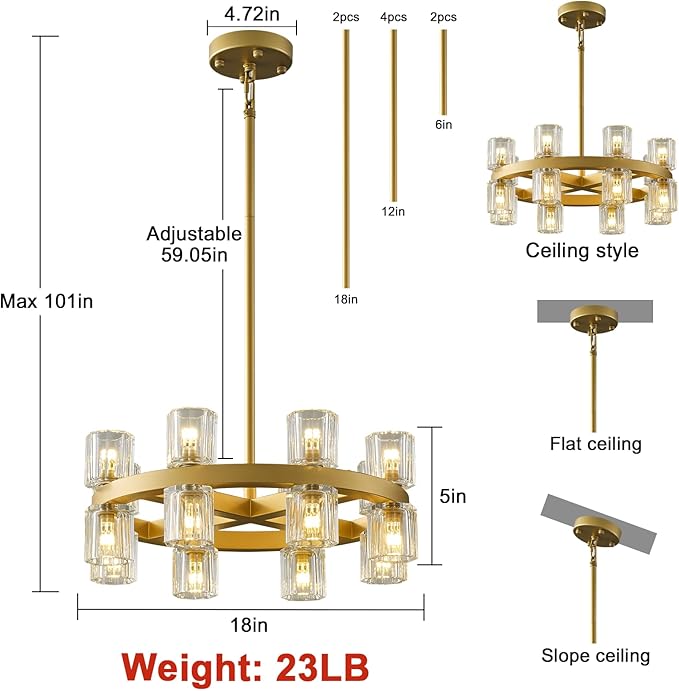 Gold Chandelier Light Fixture Kitchen and Dining, 16-Lights Modern Chandeliers for Dining Room, 18" Farmhouse Kitchen Pendant Lights Over Table, Crystal Wagon Wheel Chandelier(Bulbs Included)