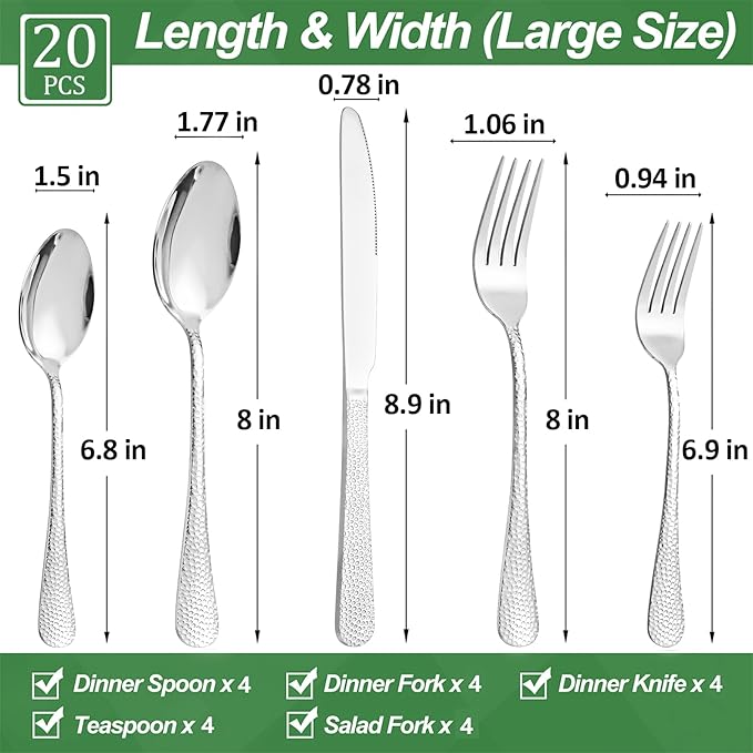 20 Pcs Silverware Set for 4 with Hammered Design, Food Grade Stainless Steel Flatware Set, Eating Utensils Sets Include Fork/Knife/Spoon, Reusable Cutlery Set, Dishwasher Safe