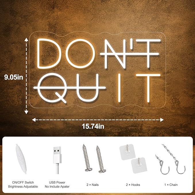 Don't Quit LED Neon Sign for Wall Decor, DO IT Neon Lights Party Decorations, USB Powered Switch Neon Lights lighting adjustable for Office Room, Gym Room, Man Cave, Gamer Room