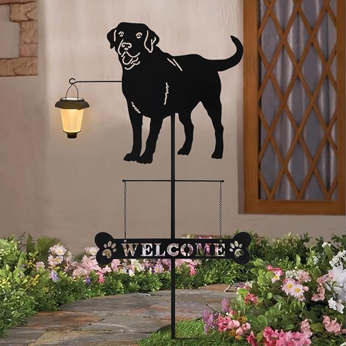 BAYN Solar Labrador Silhouette Dog Breed Welcome Sign with a Lantern Outdoor Decorative Garden Stakes for Yard, Lawn, Patio, Pathway