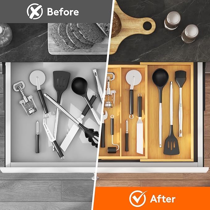 Lifewit Utensil Drawer Organizer, Expendable Cooking Silverware Tray for Kitchen Drawer, Bamboo Adjustable Cutlery Flatware Holder, Spatula Tools and Gadgets Storage Divider, 3 Compartments, Natural