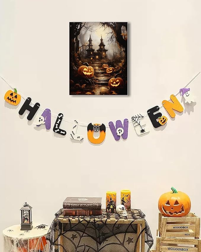 AbcCustomize Halloween Canvas Wall Art - Spooky Haunted House & Eerie Pumpkins Poster, Gothic Fall Decorations for Home, Vintage Halloween Decor Indoor for Living Room, Bedroom & Party