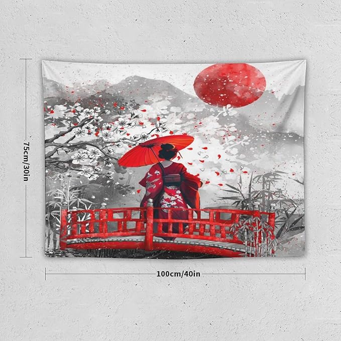 Japanese Red Geisha Tapestry Asian Cherry Blossom Red Sun Traditional Kimono Folk Tapestries Home Decor for Living Room Bedroom Apartment Farmhouse Dorm 40"x30"