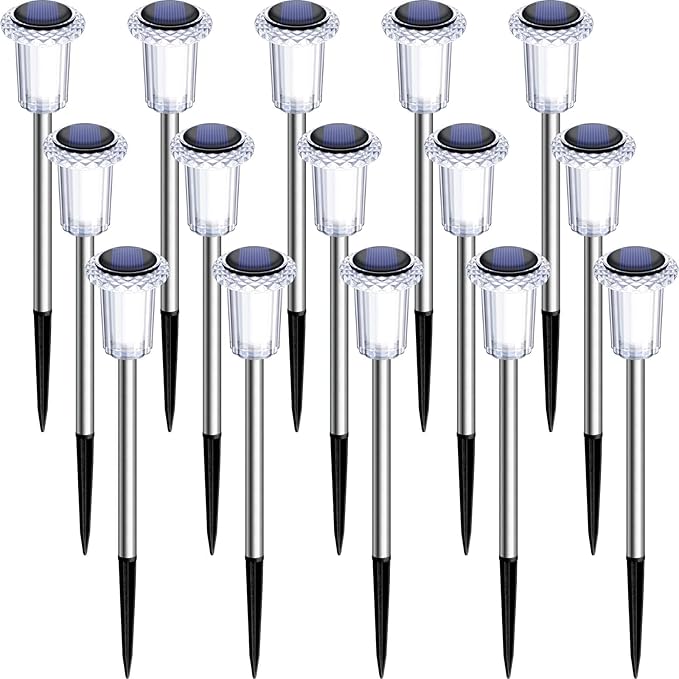 DenicMic Solar Lights Outdoor 15 Pack Waterproof 3000K Warm White LED Acrylic lamp Head Stainless Steel Stake for Landscape Lighting Path Walkway Sidewalk Backyard Patio Decor