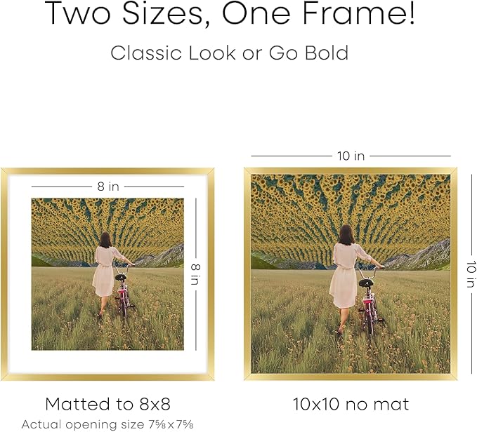 Homeforia Square 10x10 Gold Frame, High End Metal 10 by 10 Picture Frames with Mat 8 x 8, 10by10 Thin Poster Frame Matted to 8x8 inch Photo, Wall or Tabletop Frames, Tempered Glass, Wall Kit, Set of 1