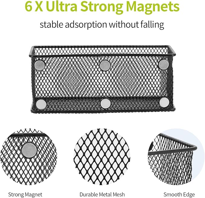 Neudeco Locker Shelf Organizer, Magnetic Pencil Holder, Metal Storage Basket for Whiteboard, Refrigerator, Ideal Cabinet for School, Black (Pack 3M)