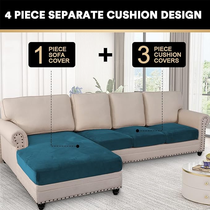 PrinceDeco Sectional Couch Covers 4 Pieces Couch Covers for Sectional Sofa Velvet Separate Sectional Couch Covers L Shape for Left/Right Chaise Sectional Couch(3 Seater + 1 Chaise,Deep Teal)
